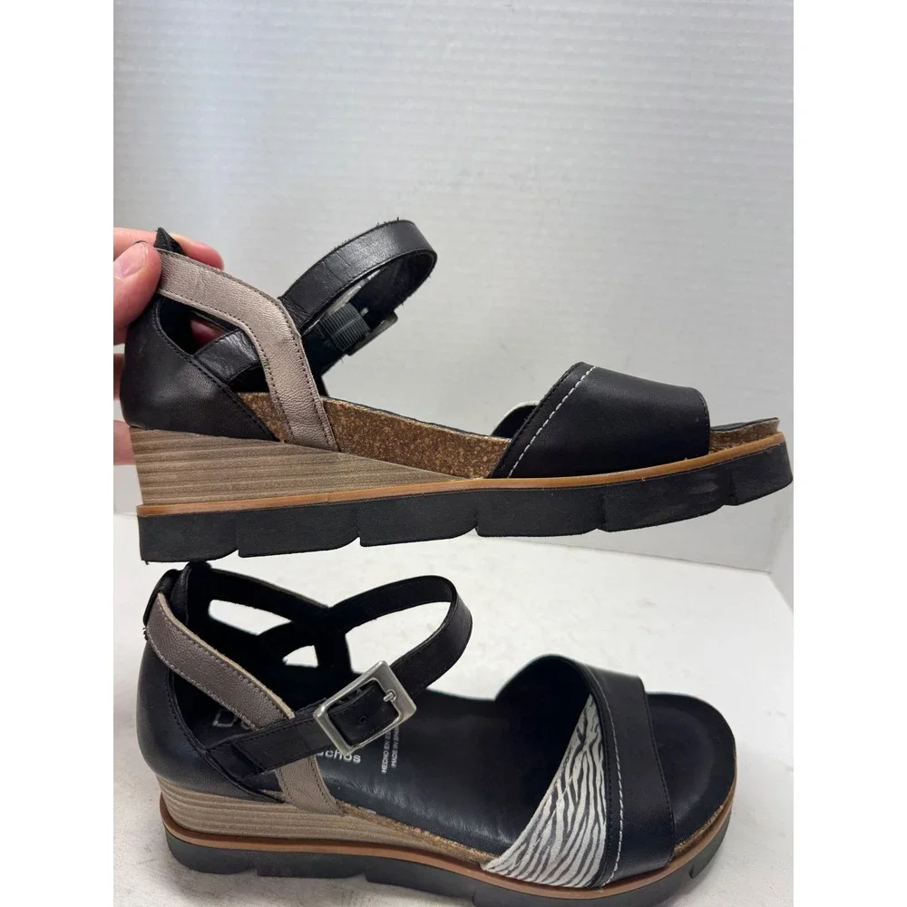 Dorking by Fluchos Black Leather Zebra Print Wedge Sandals Spain 37 6.5